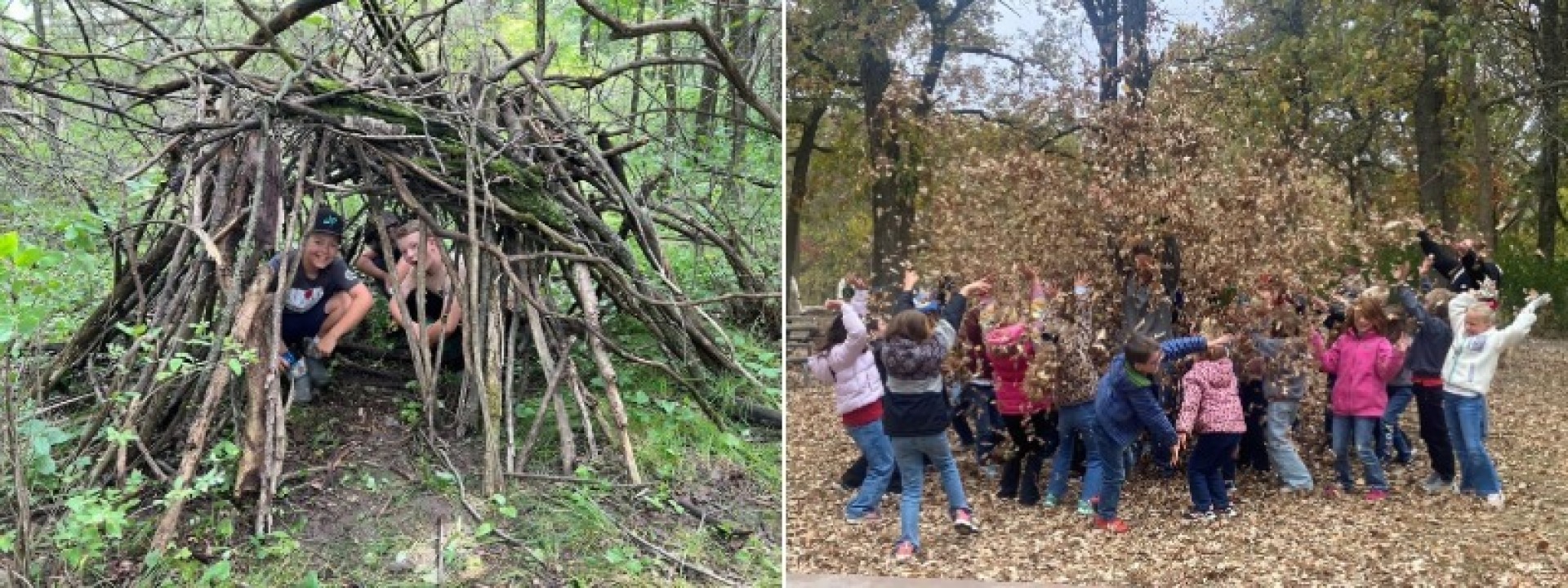 Students playing in nature during a Lime Creek Nature Center field trip.